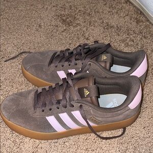 adidas Brown Suede Sneakers with Pink Stripes and Gum Sole